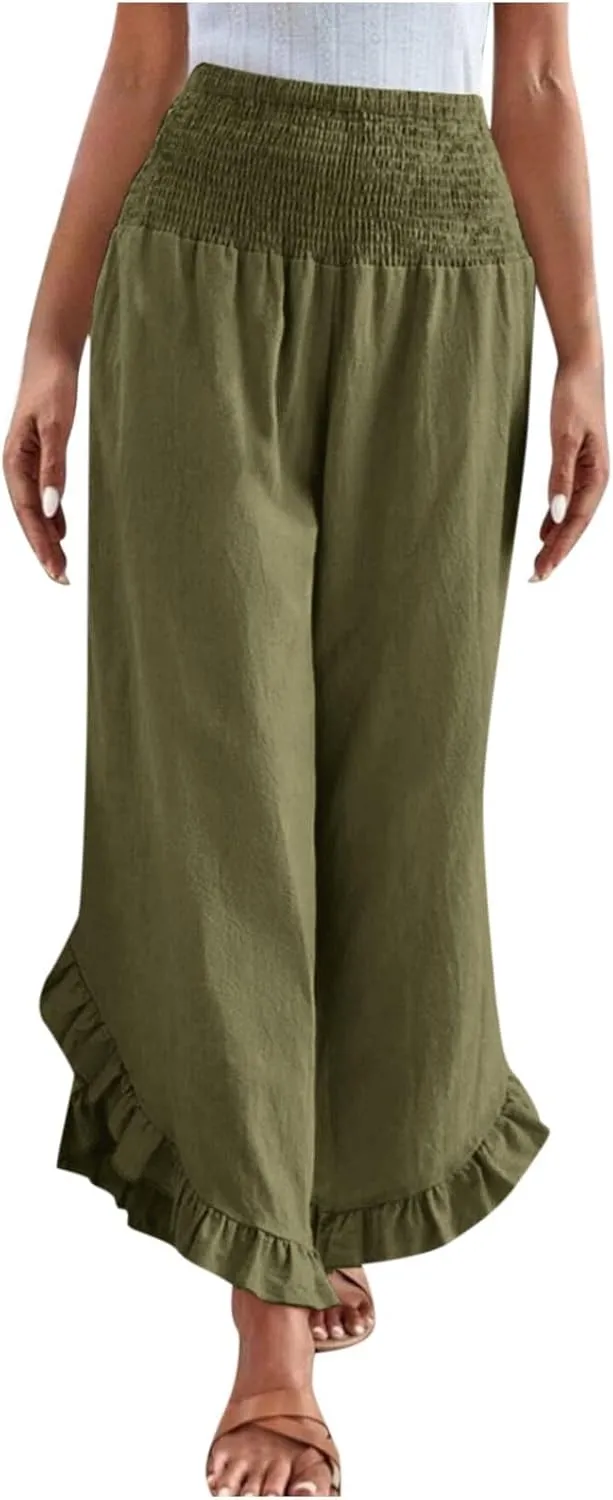 Wide Leg Pants Woman,High Waisted Flowy Pants for Women Ruffle Hem Cropped Elastic Waist Beach Office Boho Trousers