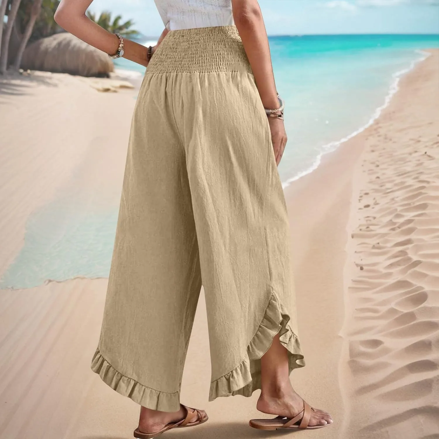 Wide Leg Pants Woman,High Waisted Flowy Pants for Women Ruffle Hem Cropped Elastic Waist Beach Office Boho Trousers