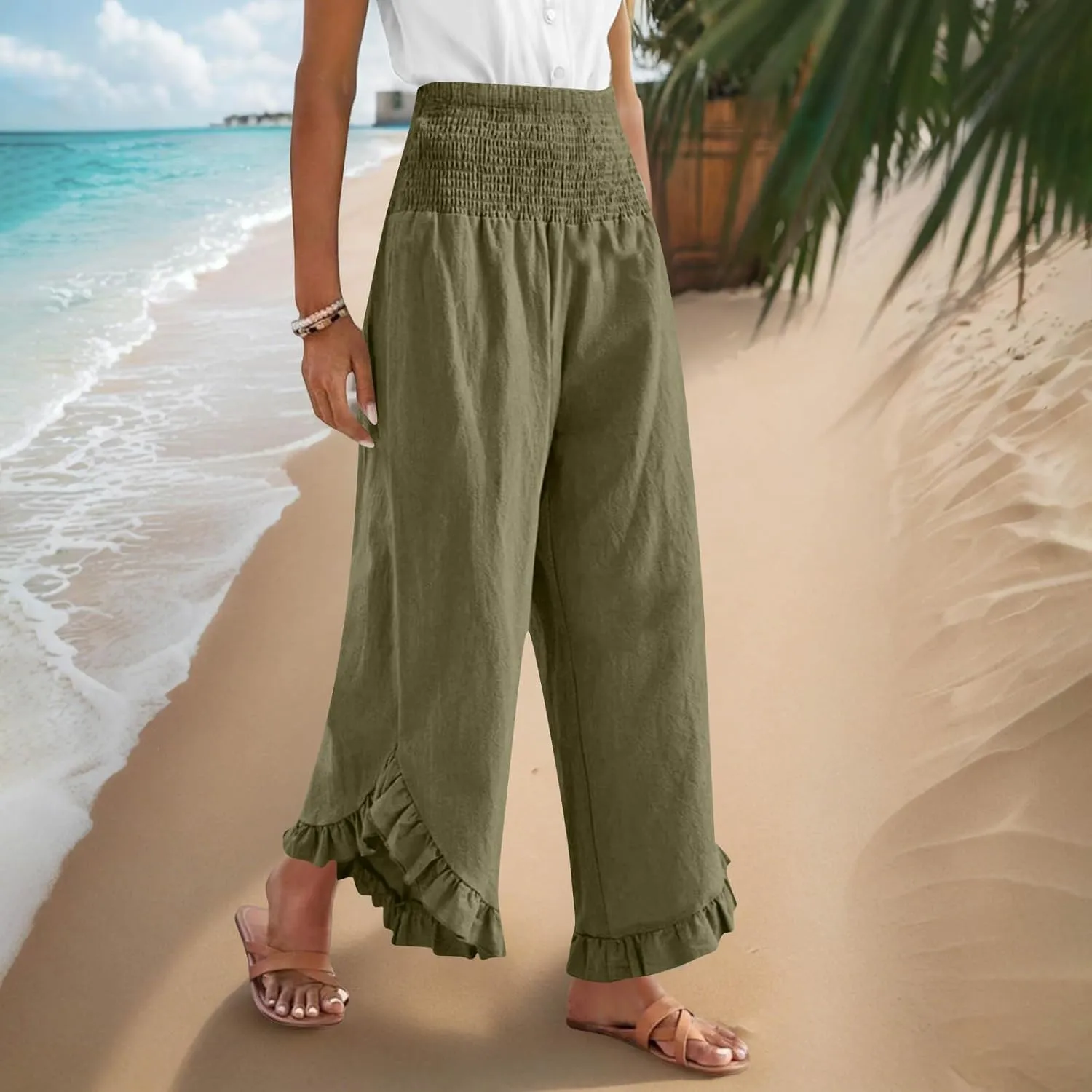 Wide Leg Pants Woman,High Waisted Flowy Pants for Women Ruffle Hem Cropped Elastic Waist Beach Office Boho Trousers