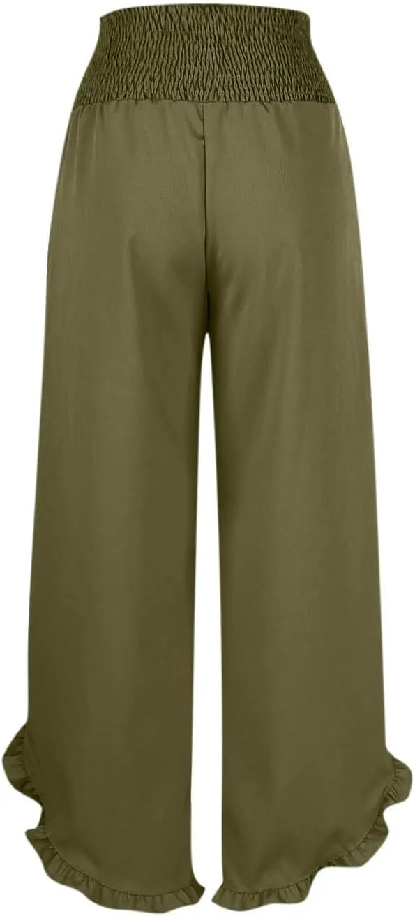 Wide Leg Pants Woman,High Waisted Flowy Pants for Women Ruffle Hem Cropped Elastic Waist Beach Office Boho Trousers