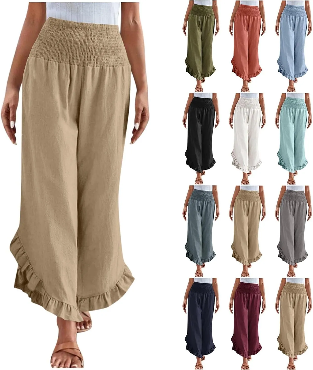 Wide Leg Pants Woman,High Waisted Flowy Pants for Women Ruffle Hem Cropped Elastic Waist Beach Office Boho Trousers