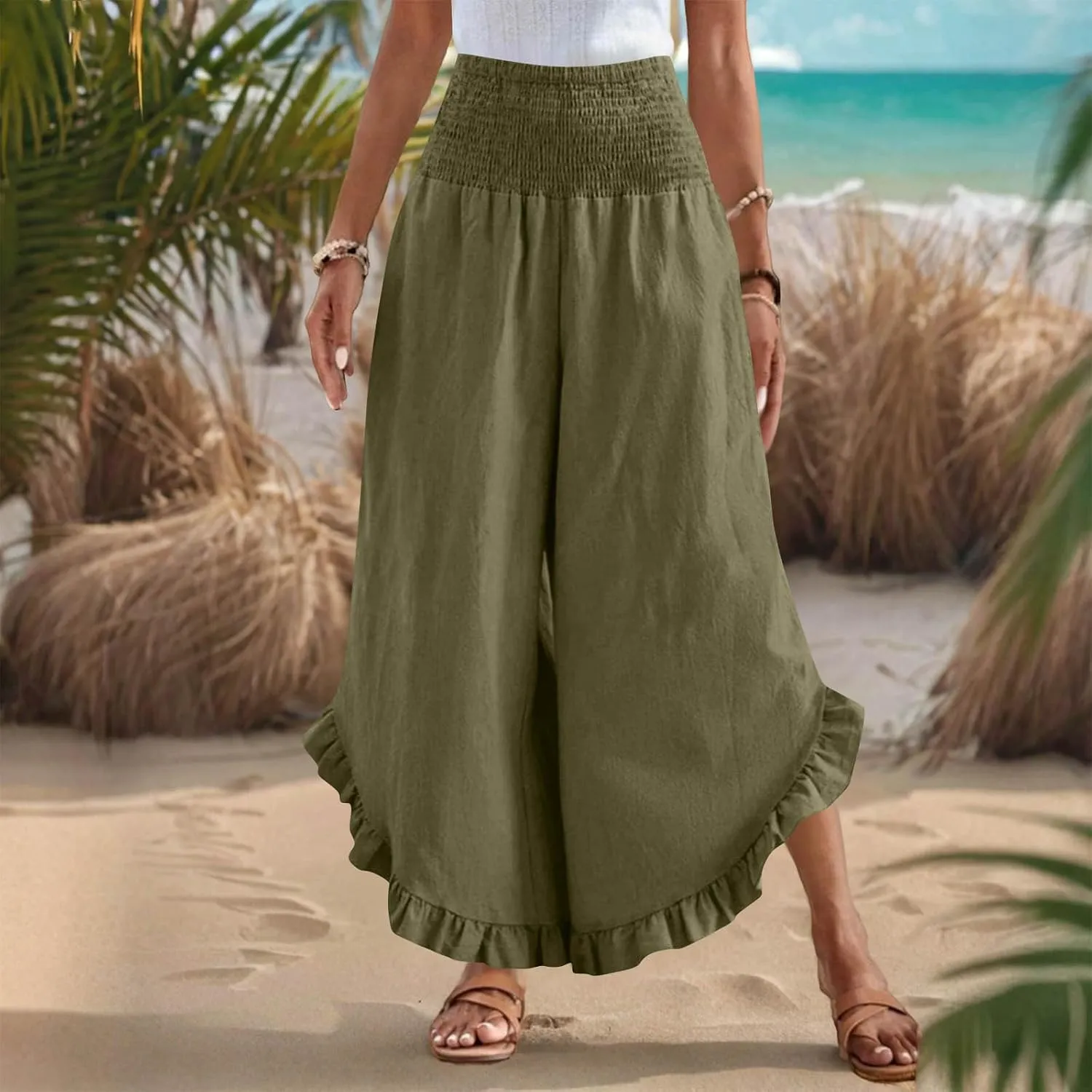 Wide Leg Pants Woman,High Waisted Flowy Pants for Women Ruffle Hem Cropped Elastic Waist Beach Office Boho Trousers