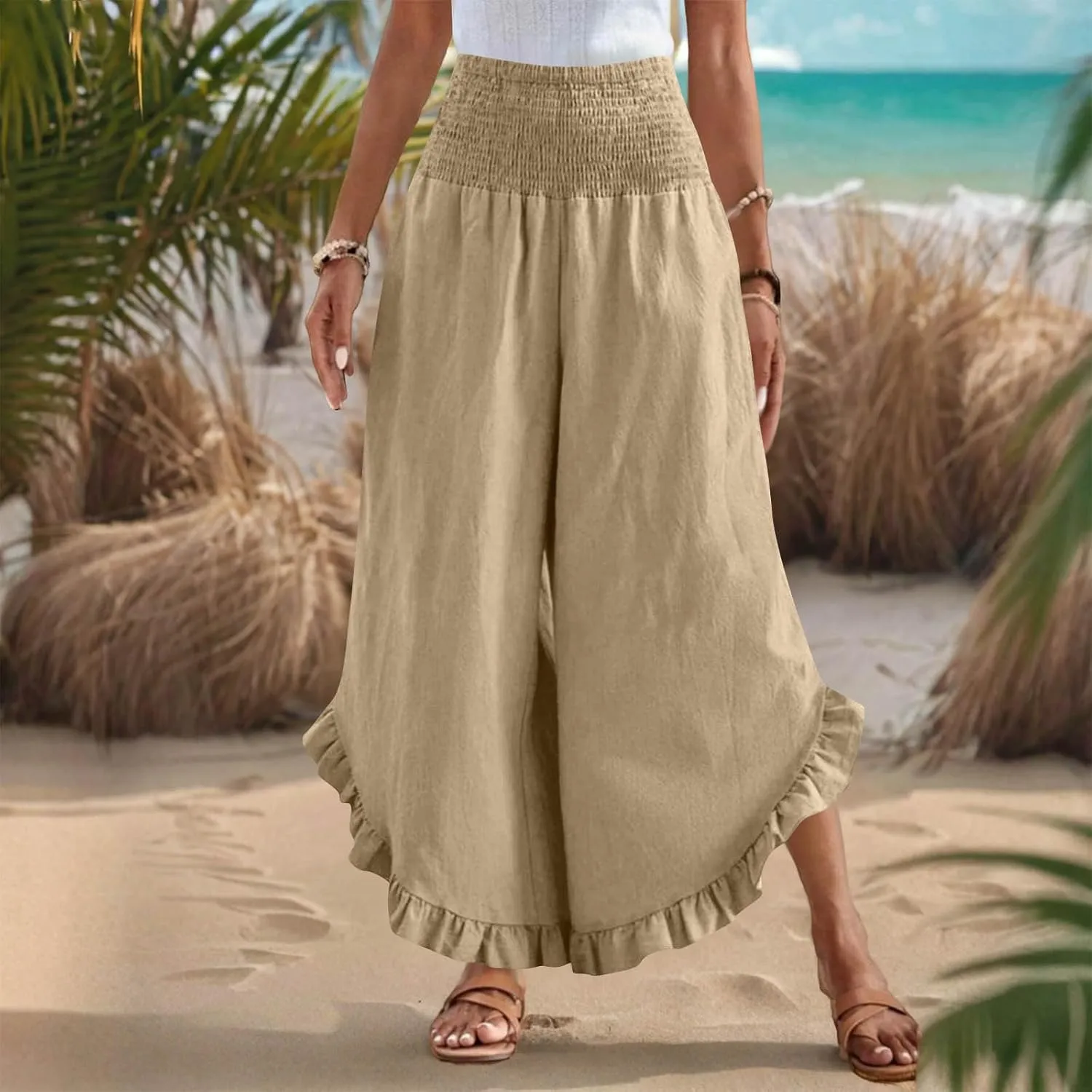 Wide Leg Pants Woman,High Waisted Flowy Pants for Women Ruffle Hem Cropped Elastic Waist Beach Office Boho Trousers