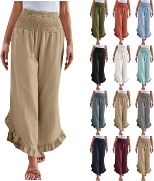 Wide Leg Pants Woman,High Waisted Flowy Pants for Women Ruffle Hem Cropped Elastic Waist Beach Office Boho Trousers