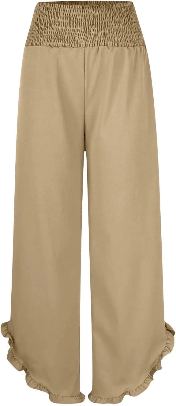 Wide Leg Pants Woman,High Waisted Flowy Pants for Women Ruffle Hem Cropped Elastic Waist Beach Office Boho Trousers