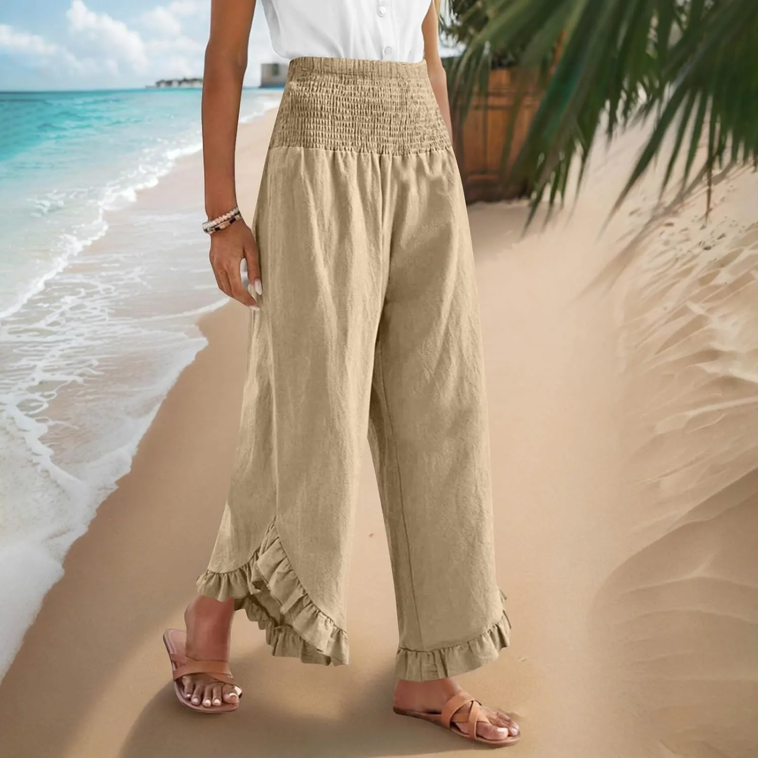 Wide Leg Pants Woman,High Waisted Flowy Pants for Women Ruffle Hem Cropped Elastic Waist Beach Office Boho Trousers