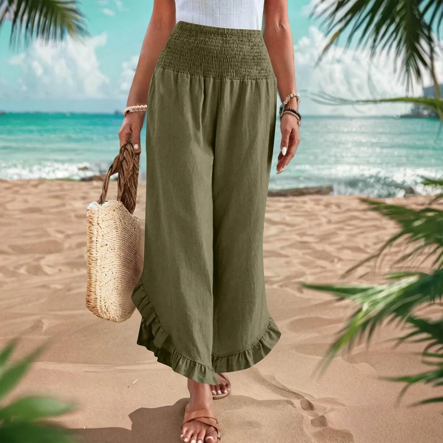 Wide Leg Pants Woman,High Waisted Flowy Pants for Women Ruffle Hem Cropped Elastic Waist Beach Office Boho Trousers