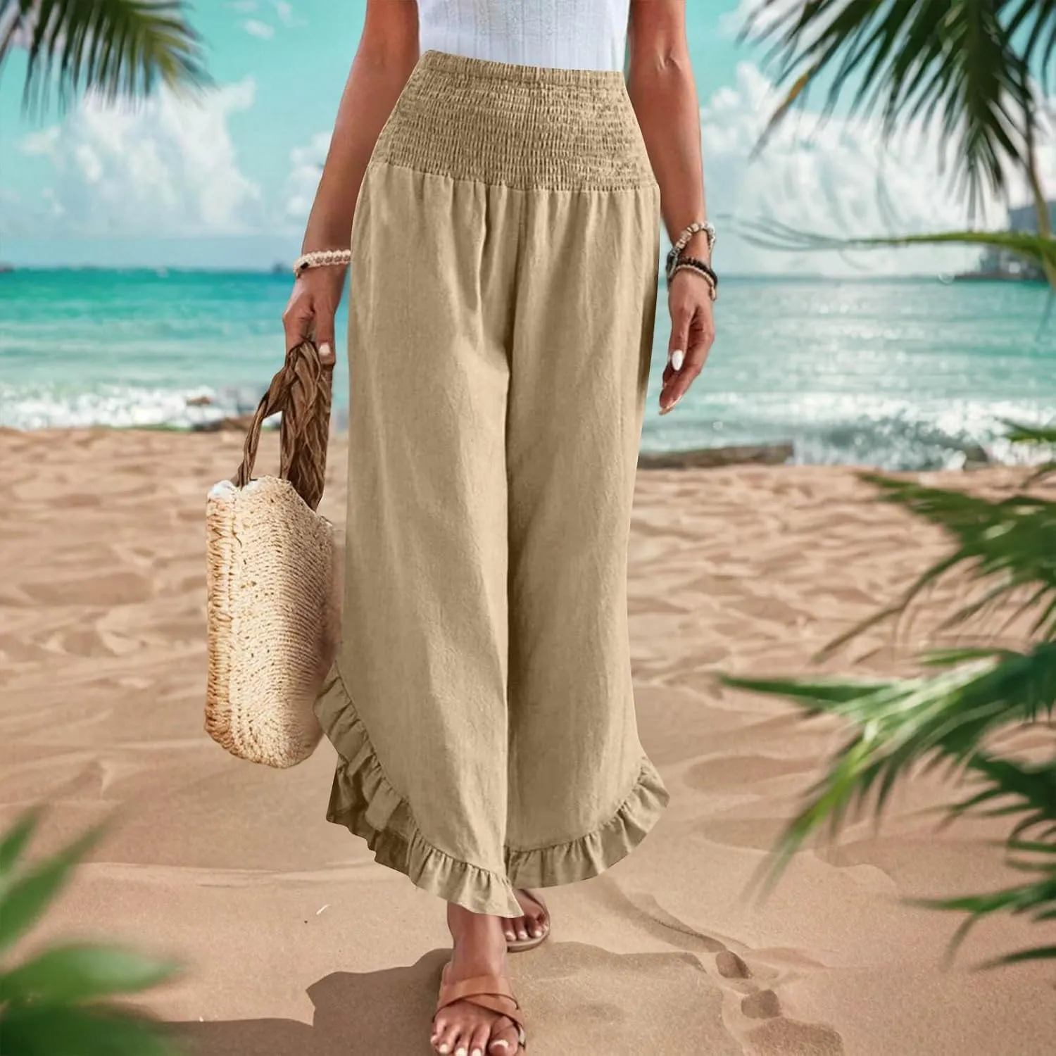 Wide Leg Pants Woman,High Waisted Flowy Pants for Women Ruffle Hem Cropped Elastic Waist Beach Office Boho Trousers