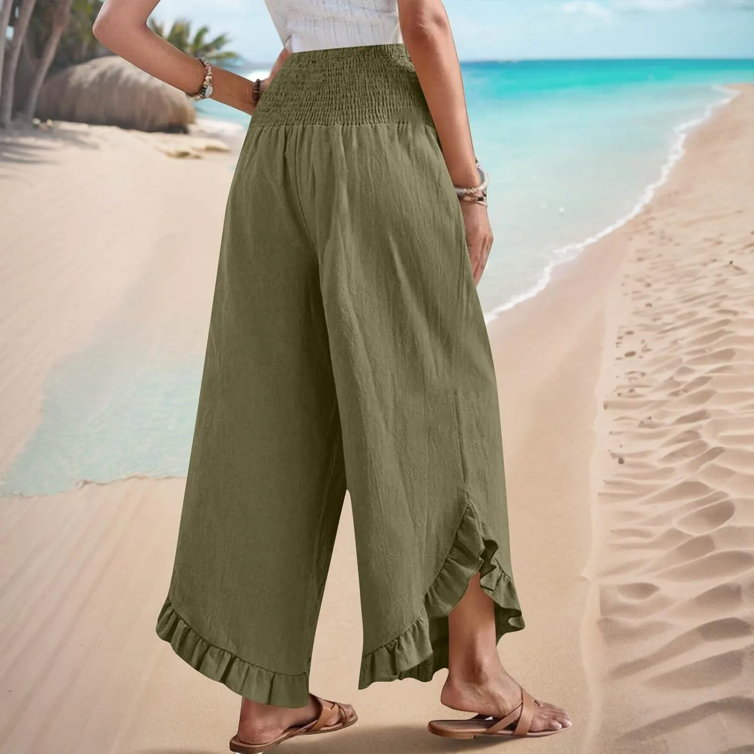 Wide Leg Pants Woman,High Waisted Flowy Pants for Women Ruffle Hem Cropped Elastic Waist Beach Office Boho Trousers