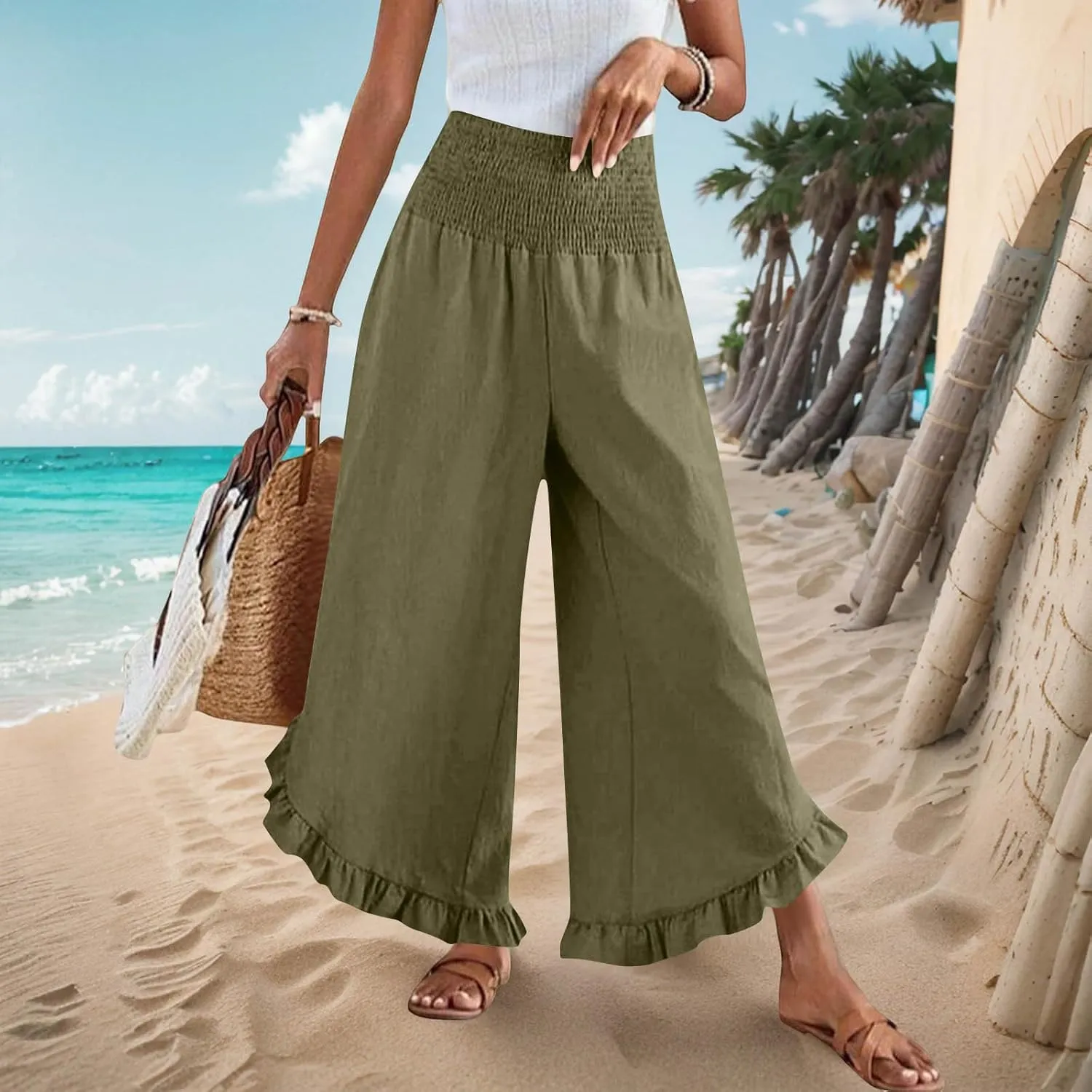 Wide Leg Pants Woman,High Waisted Flowy Pants for Women Ruffle Hem Cropped Elastic Waist Beach Office Boho Trousers
