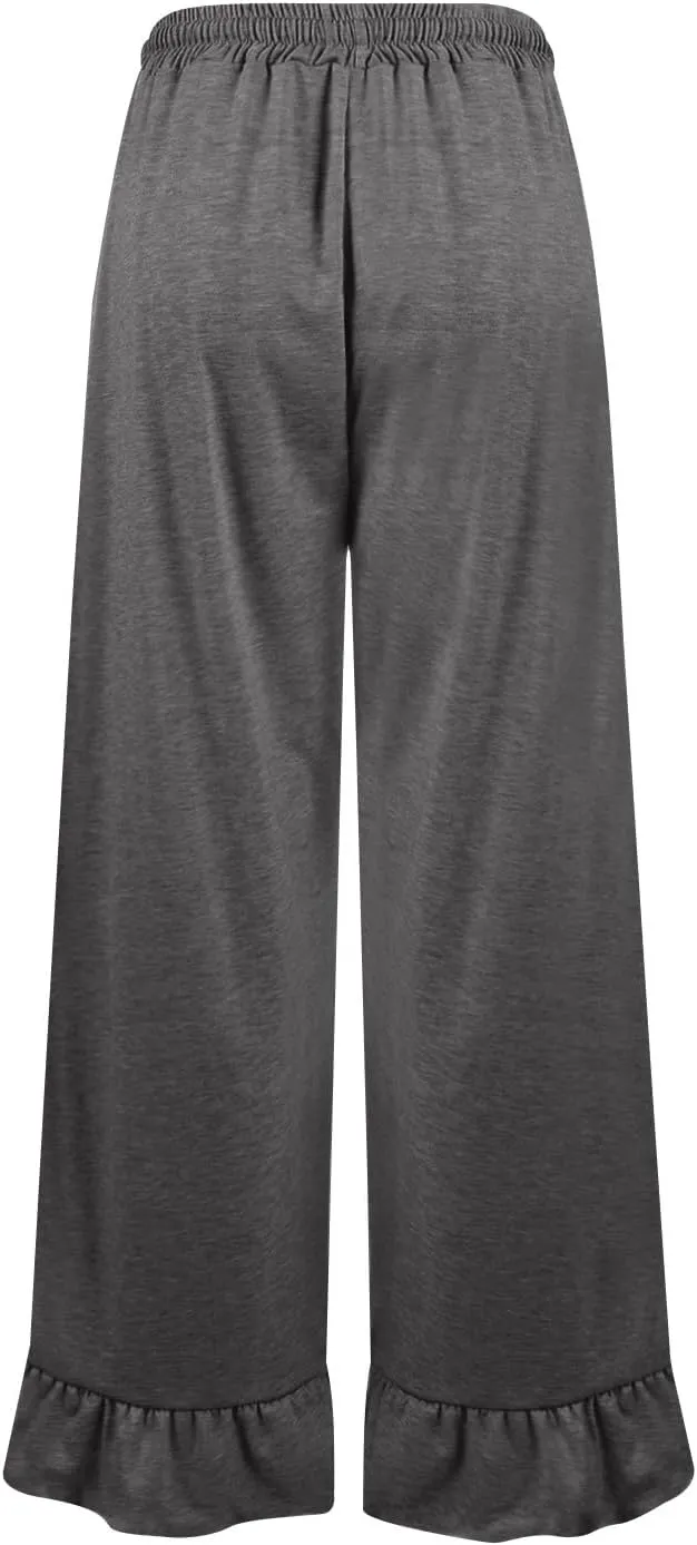 Wide Leg Trouser Pants for Women Drawstring High Waisted Ruffle Hem Palazzo Pants with Pockets Boho Flowy Pants