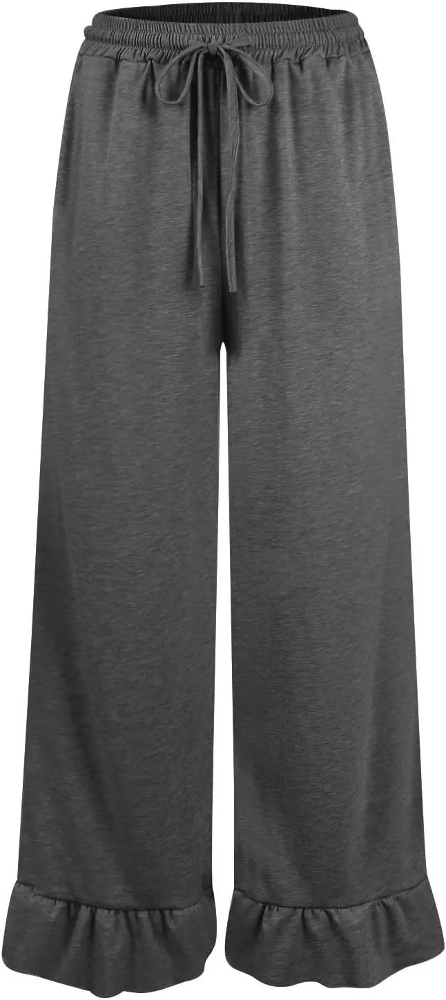 Wide Leg Trouser Pants for Women Drawstring High Waisted Ruffle Hem Palazzo Pants with Pockets Boho Flowy Pants