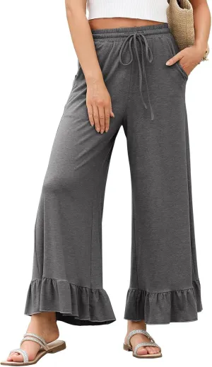 Wide Leg Trouser Pants for Women Drawstring High Waisted Ruffle Hem Palazzo Pants with Pockets Boho Flowy Pants