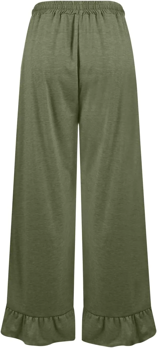 Wide Leg Trouser Pants for Women Drawstring High Waisted Ruffle Hem Palazzo Pants with Pockets Boho Flowy Pants