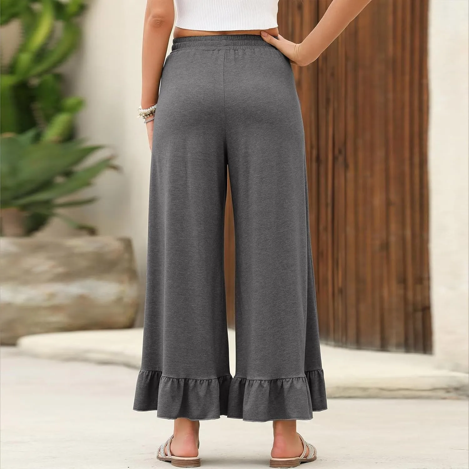 Wide Leg Trouser Pants for Women Drawstring High Waisted Ruffle Hem Palazzo Pants with Pockets Boho Flowy Pants