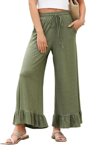 Wide Leg Trouser Pants for Women Drawstring High Waisted Ruffle Hem Palazzo Pants with Pockets Boho Flowy Pants