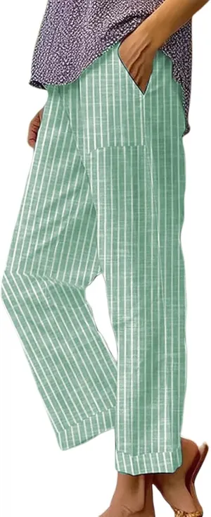 Wide Leg Trousers Women for Summer Vocation Trendy Striped High Waist Straight Leg Palazzo Trouser Jogger Pants Pockets
