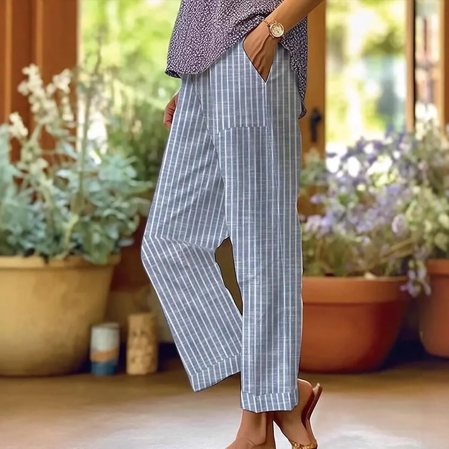 Wide Leg Trousers Women for Summer Vocation Trendy Striped High Waist Straight Leg Palazzo Trouser Jogger Pants Pockets