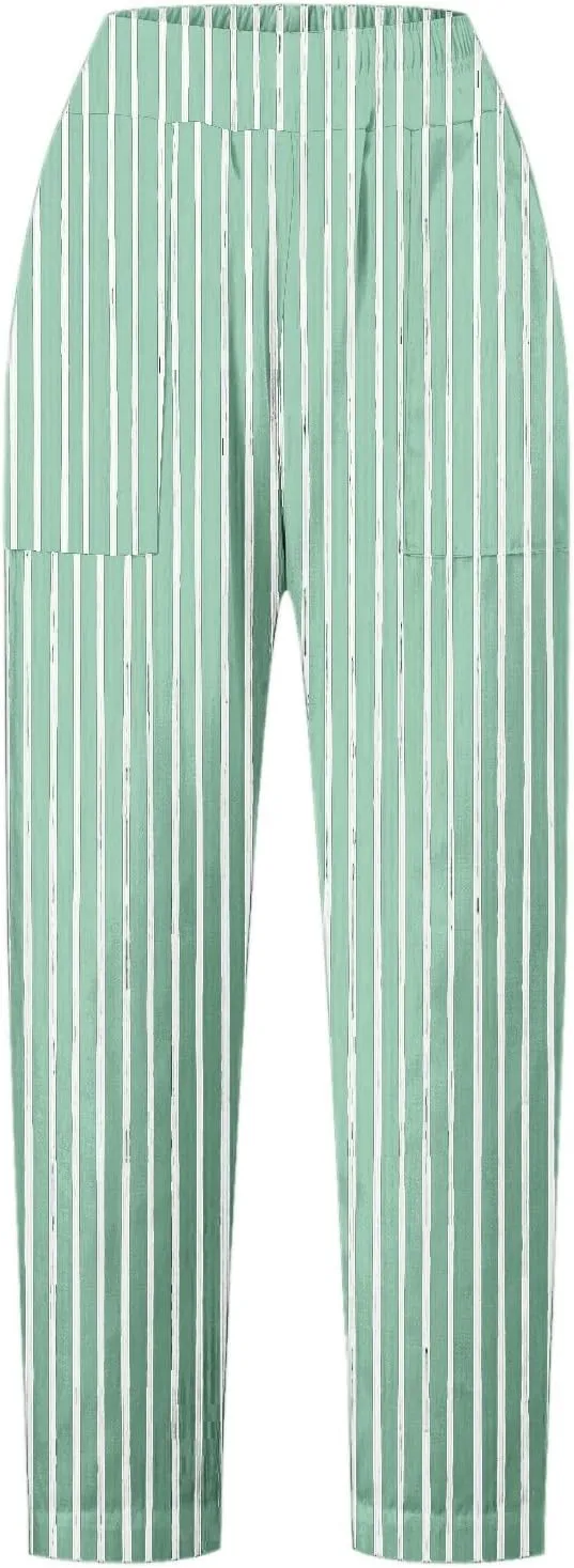 Wide Leg Trousers Women for Summer Vocation Trendy Striped High Waist Straight Leg Palazzo Trouser Jogger Pants Pockets