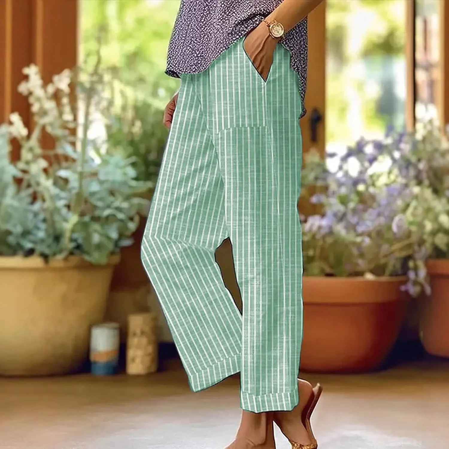 Wide Leg Trousers Women for Summer Vocation Trendy Striped High Waist Straight Leg Palazzo Trouser Jogger Pants Pockets