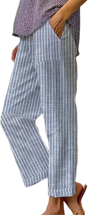Wide Leg Trousers Women for Summer Vocation Trendy Striped High Waist Straight Leg Palazzo Trouser Jogger Pants Pockets