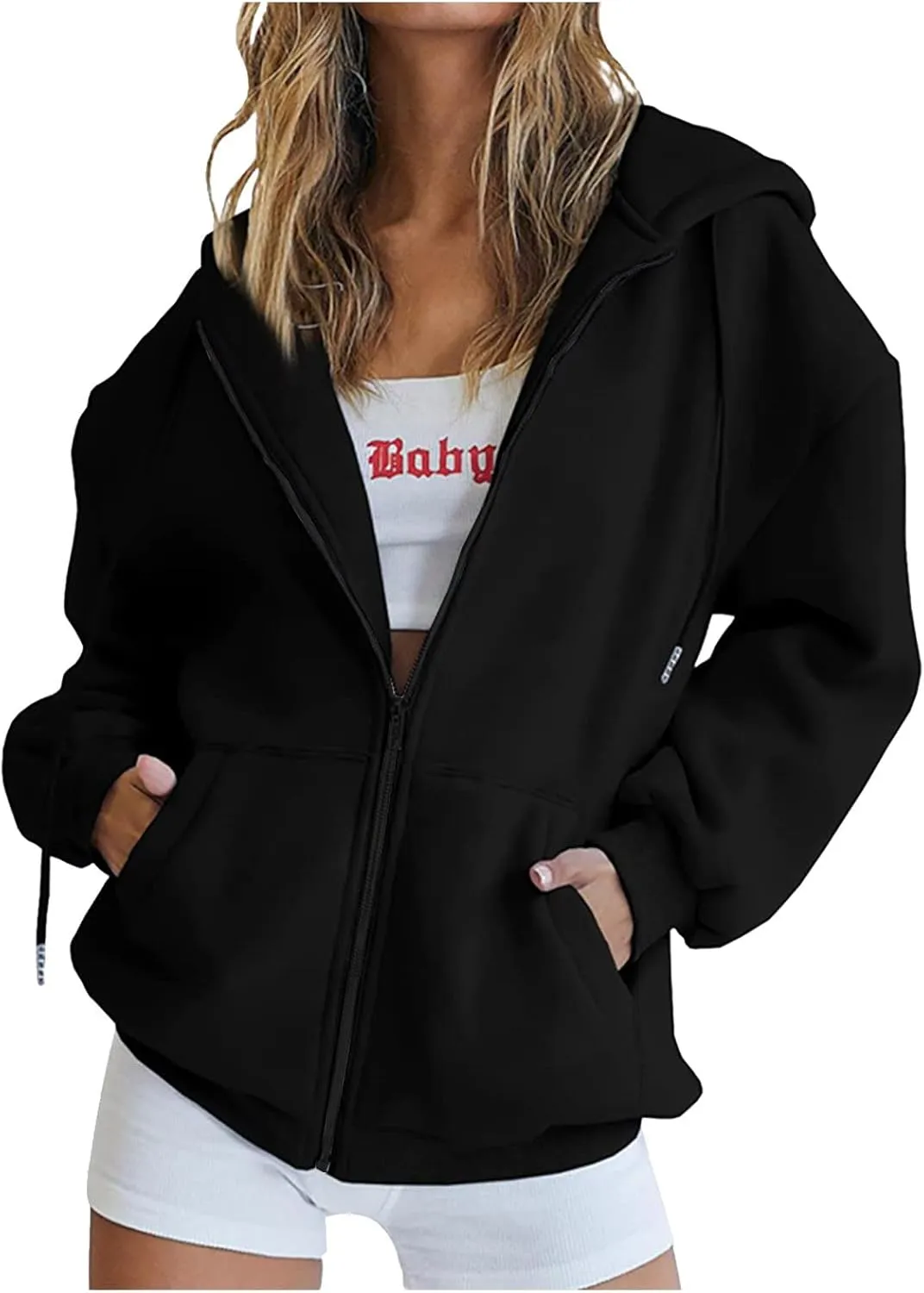Women 2023 Sweatshirt Jackets Casual Long Sleeve Hoodies Full Zip Solid Cardigan Coats Outerwear with Pockets