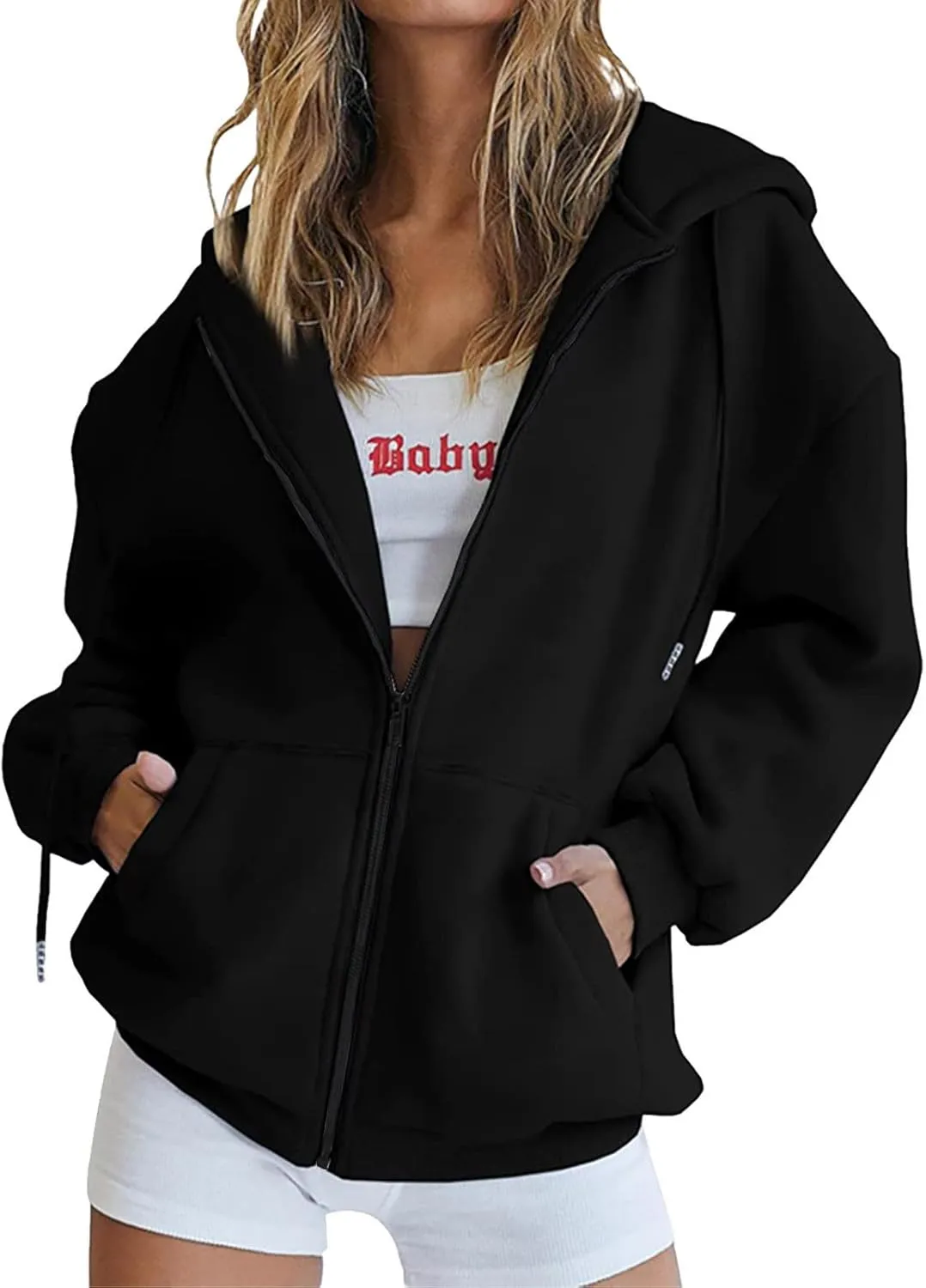 Women 2023 Sweatshirt Jackets Casual Long Sleeve Hoodies Full Zip Solid Cardigan Coats Outerwear with Pockets