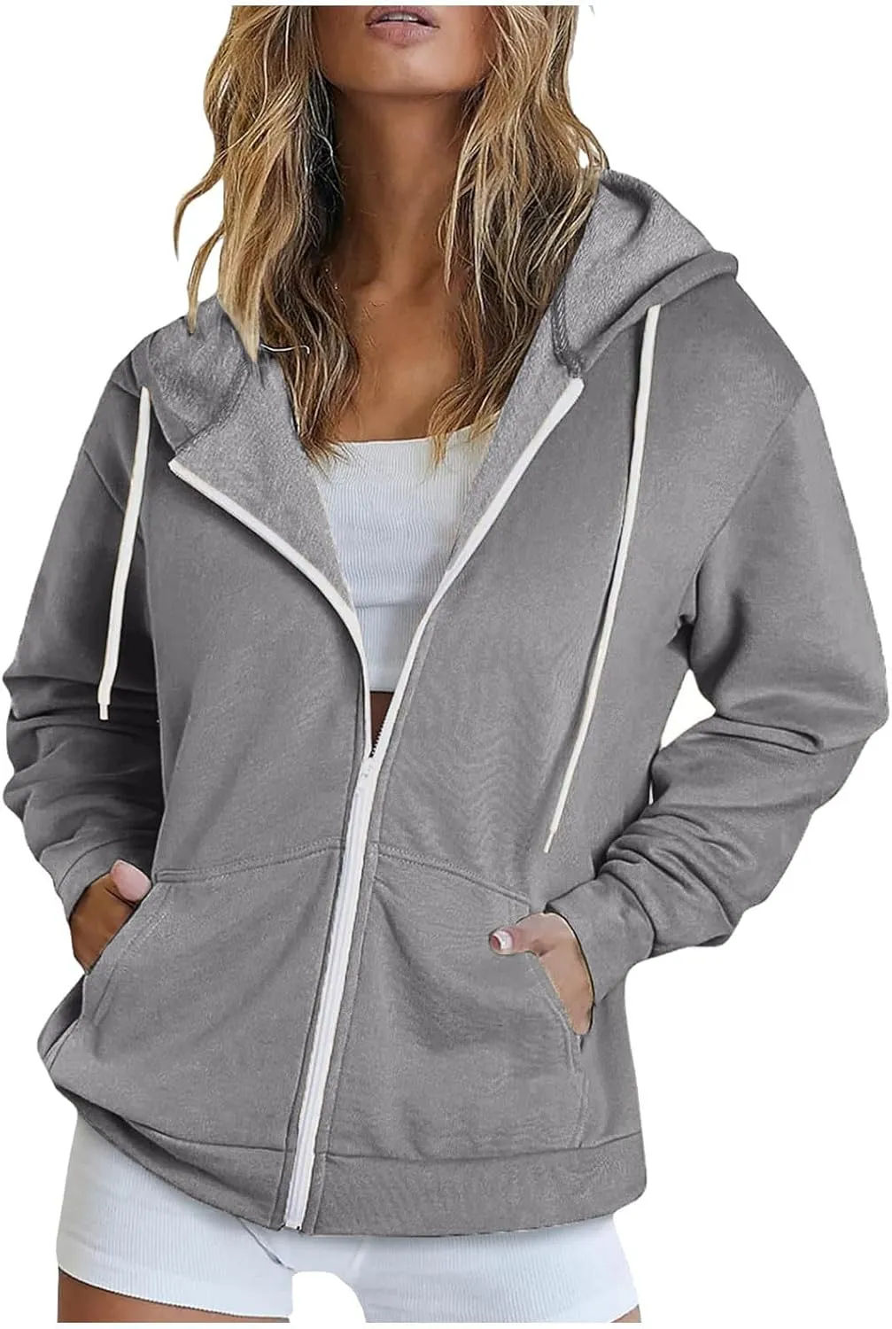 Women 2023 Sweatshirt Jackets Casual Long Sleeve Hoodies Full Zip Solid Cardigan Coats Outerwear with Pockets