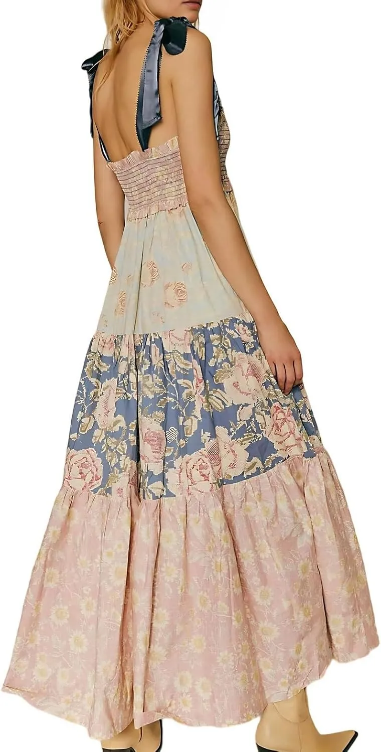 Women Boho Floral Maxi Dress Y2k Spaghetti Strap Patchwork Dresses Flowy Long Dresses Summer Tiered Beach Sundress
