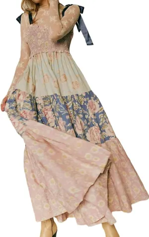 Women Boho Floral Maxi Dress Y2k Spaghetti Strap Patchwork Dresses Flowy Long Dresses Summer Tiered Beach Sundress