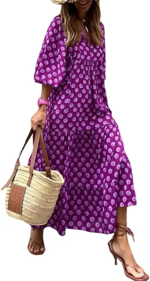 Women Boho Floral Print Maxi Dresses 2024 V Neck Long Puff Sleeve Ruffle Flowy Plus Size Long Dress for Curvy Women