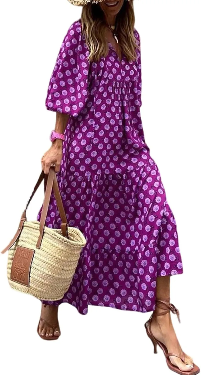 Women Boho Floral Print Maxi Dresses 2024 V Neck Long Puff Sleeve Ruffle Flowy Plus Size Long Dress for Curvy Women