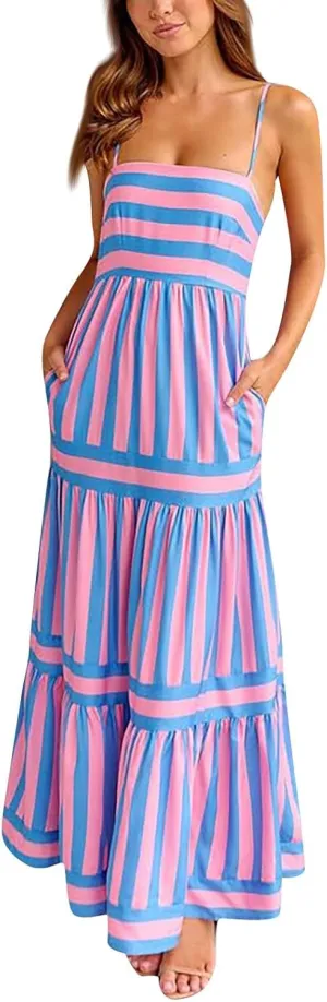 Women Boho Graffiti Long Dress Graphic Spaghetti Strap Flowy Dress Square Neck Colorful A Line Sundress 2024 Trendy