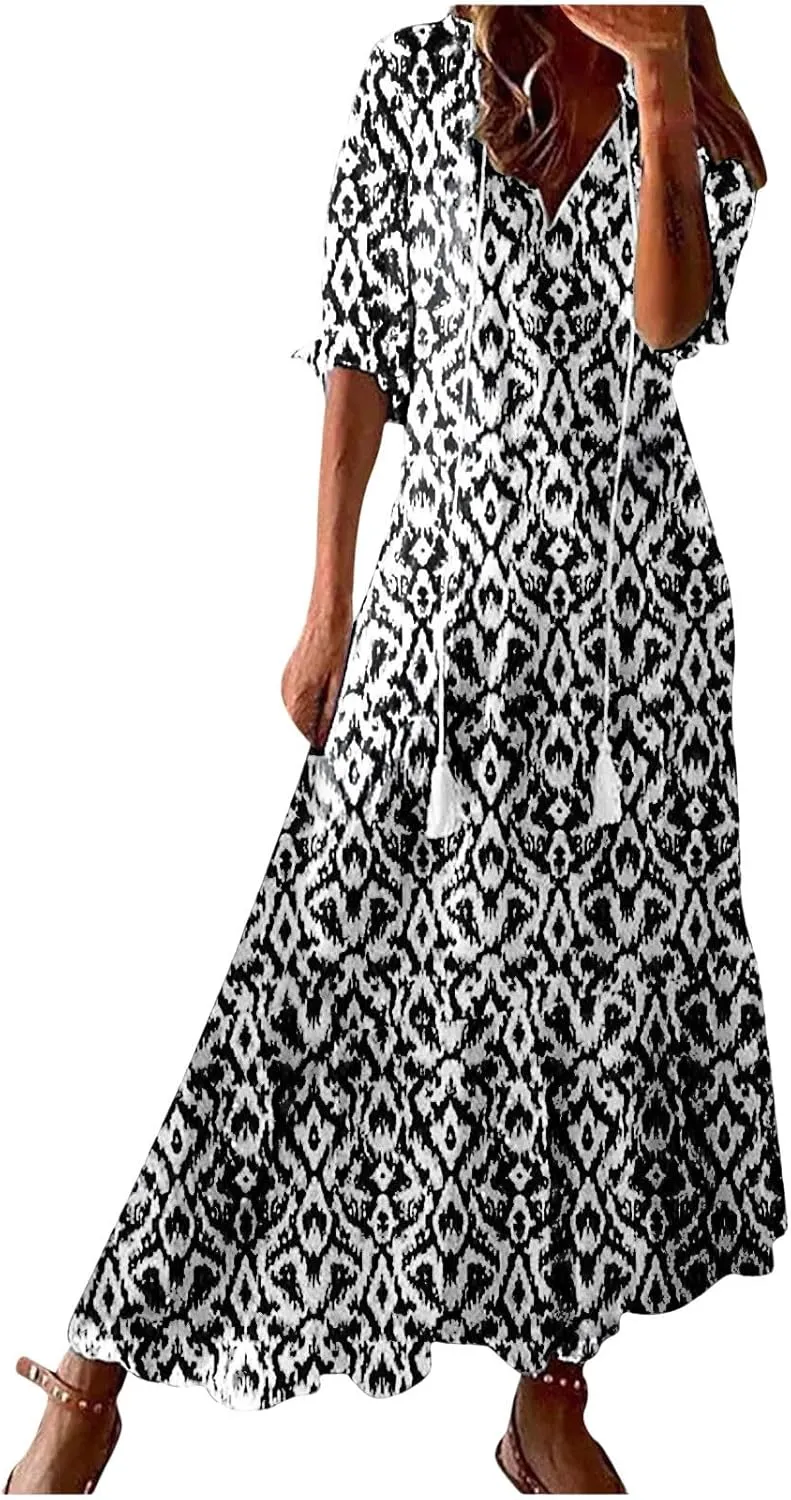Women Boho Summer Dresses Floral Print Retro V Neck Tassel Bohemian Maxi Dress 3/4 Sleeve Ruffle Flowy A-Line Dress