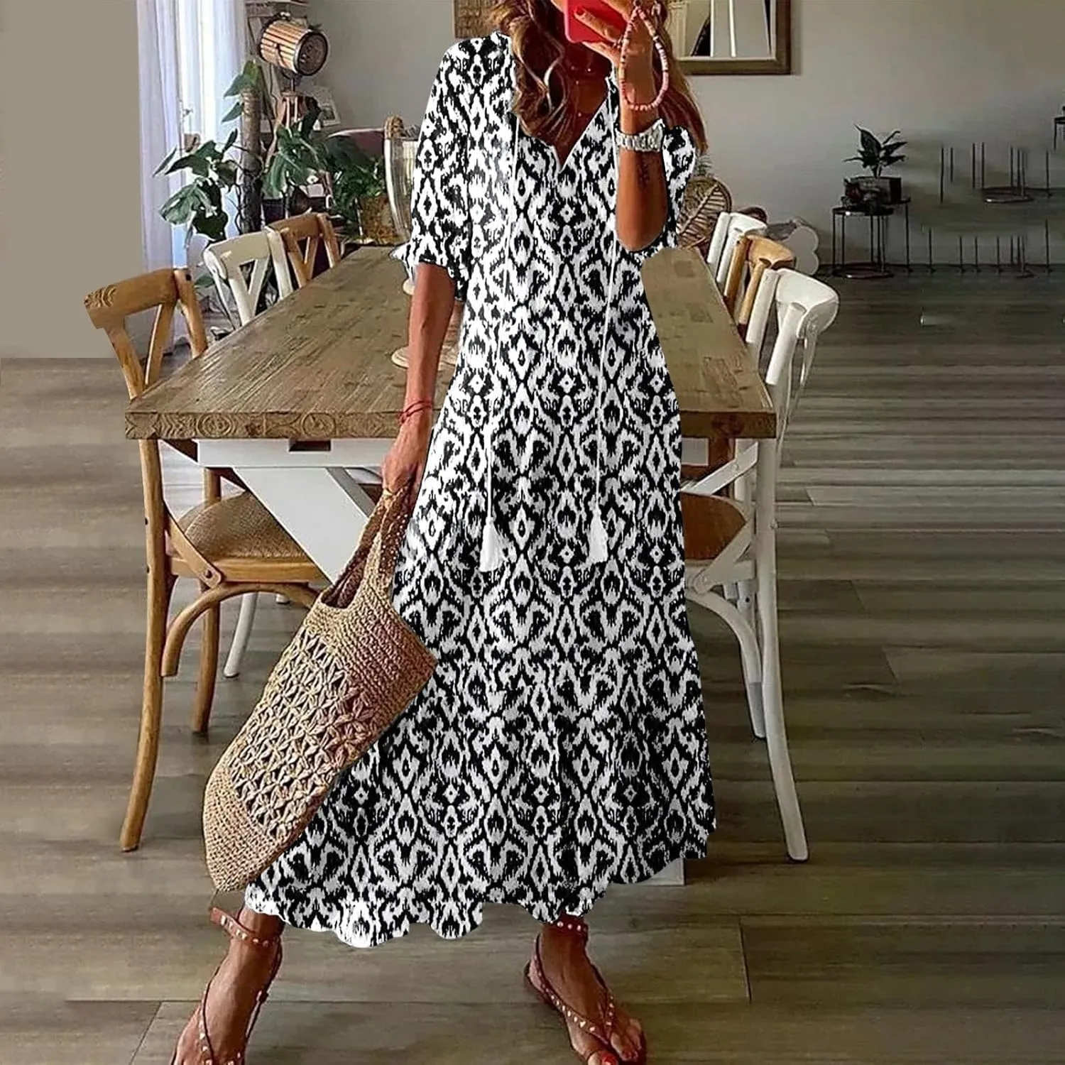Women Boho Summer Dresses Floral Print Retro V Neck Tassel Bohemian Maxi Dress 3/4 Sleeve Ruffle Flowy A-Line Dress