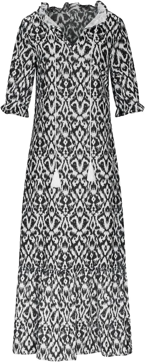 Women Boho Summer Dresses Floral Print Retro V Neck Tassel Bohemian Maxi Dress 3/4 Sleeve Ruffle Flowy A-Line Dress