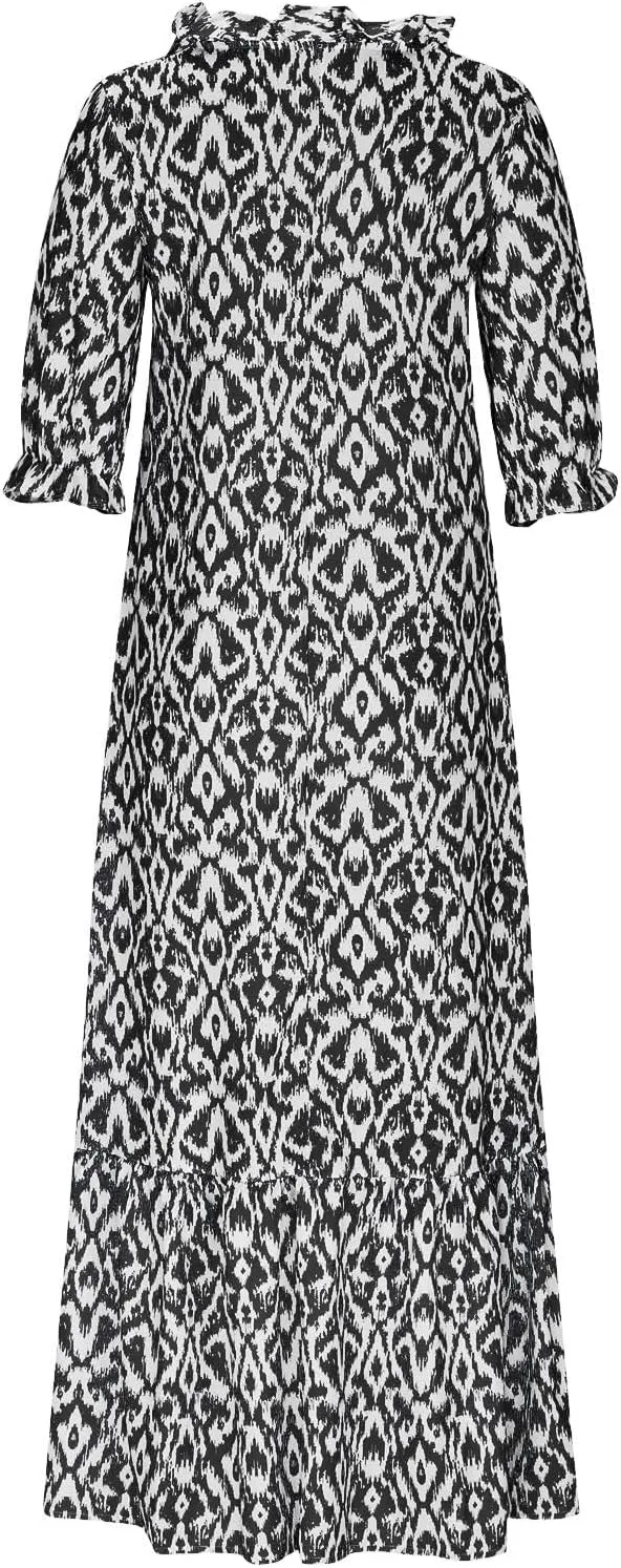 Women Boho Summer Dresses Floral Print Retro V Neck Tassel Bohemian Maxi Dress 3/4 Sleeve Ruffle Flowy A-Line Dress