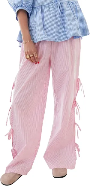 Women Bow Tie Side Split Wide Leg Y2k Plaid Pants High Waist Print Lounge Pants Trousers