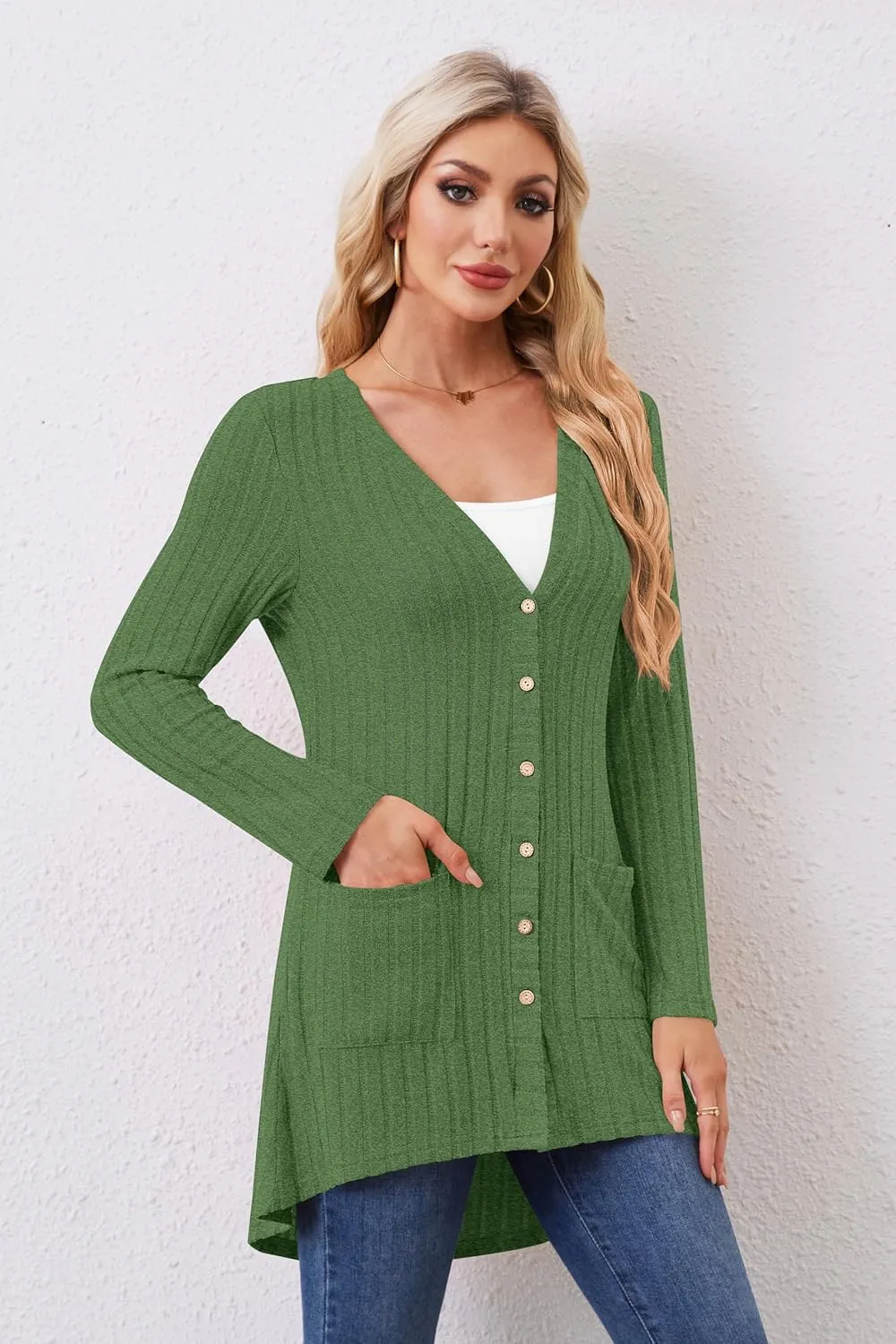 Women Cardigans Open Front Lightweight Button Down Duster Long Cardigan Vertical Stripes Pockets for Casual Fall