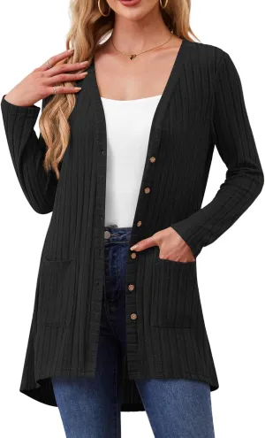 Women Cardigans Open Front Lightweight Button Down Duster Long Cardigan Vertical Stripes Pockets for Casual Fall