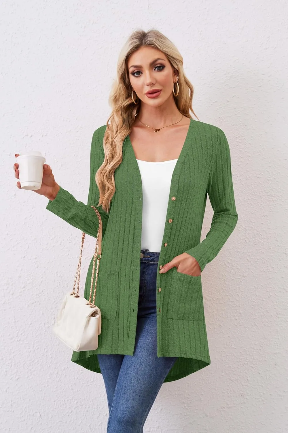 Women Cardigans Open Front Lightweight Button Down Duster Long Cardigan Vertical Stripes Pockets for Casual Fall