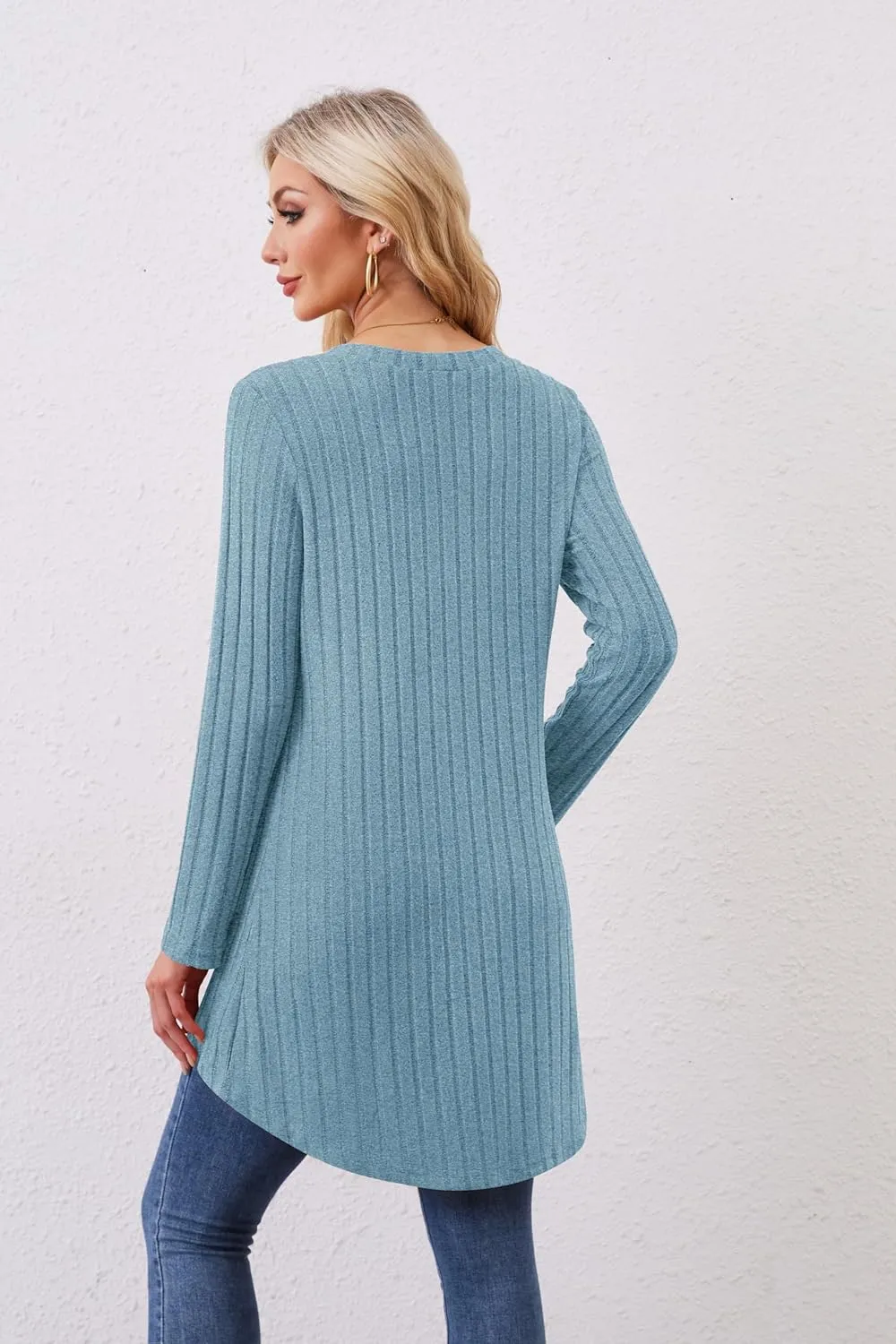 Women Cardigans Open Front Lightweight Button Down Duster Long Cardigan Vertical Stripes Pockets for Casual Fall