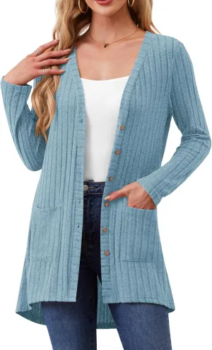 Women Cardigans Open Front Lightweight Button Down Duster Long Cardigan Vertical Stripes Pockets for Casual Fall