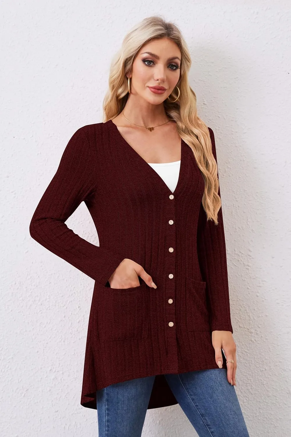 Women Cardigans Open Front Lightweight Button Down Duster Long Cardigan Vertical Stripes Pockets for Casual Fall