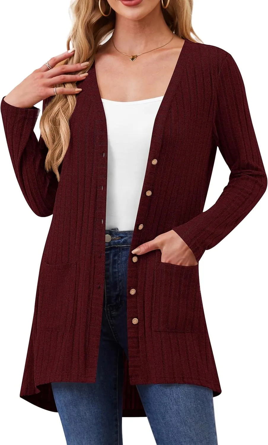Women Cardigans Open Front Lightweight Button Down Duster Long Cardigan Vertical Stripes Pockets for Casual Fall