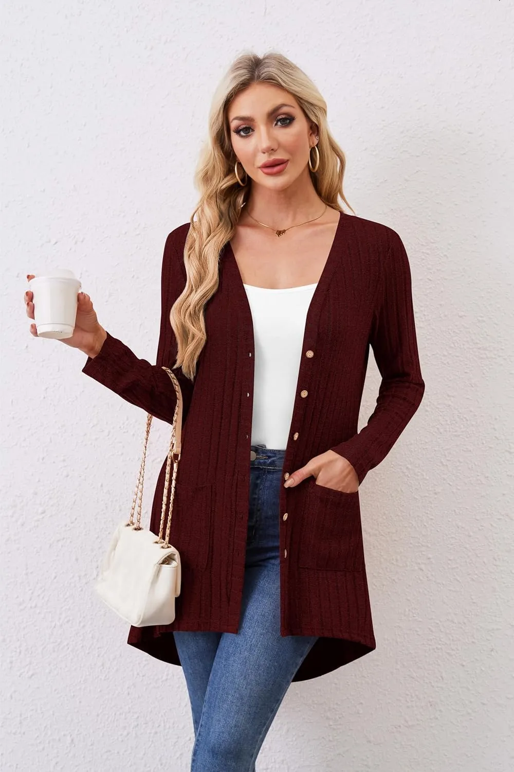 Women Cardigans Open Front Lightweight Button Down Duster Long Cardigan Vertical Stripes Pockets for Casual Fall