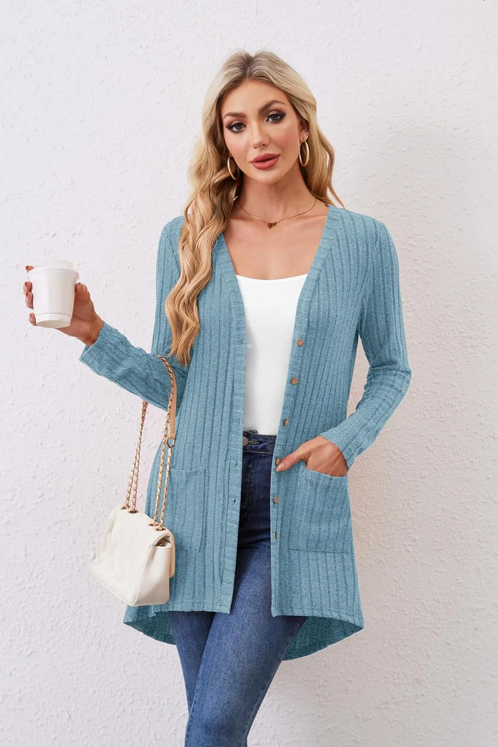 Women Cardigans Open Front Lightweight Button Down Duster Long Cardigan Vertical Stripes Pockets for Casual Fall