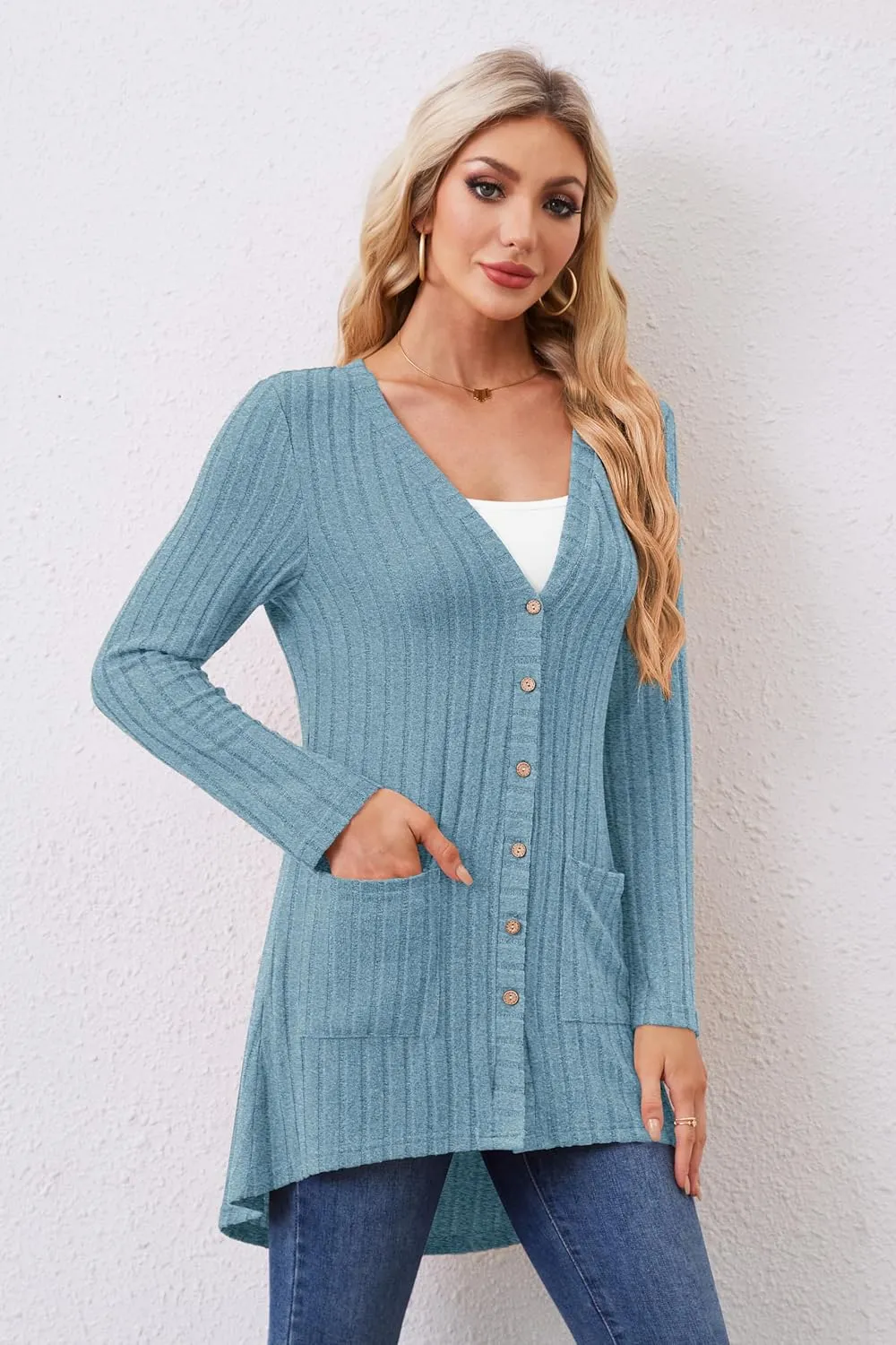 Women Cardigans Open Front Lightweight Button Down Duster Long Cardigan Vertical Stripes Pockets for Casual Fall