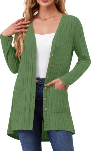 Women Cardigans Open Front Lightweight Button Down Duster Long Cardigan Vertical Stripes Pockets for Casual Fall