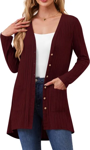 Women Cardigans Open Front Lightweight Button Down Duster Long Cardigan Vertical Stripes Pockets for Casual Fall